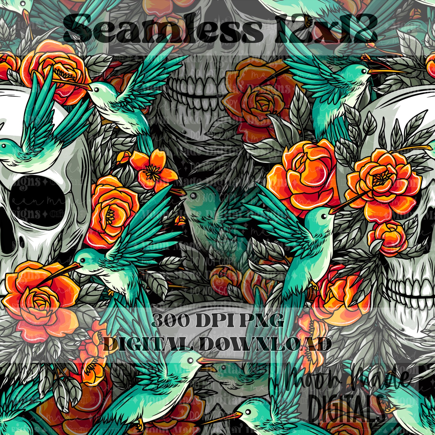 Humming bird and Skull teal Seamless