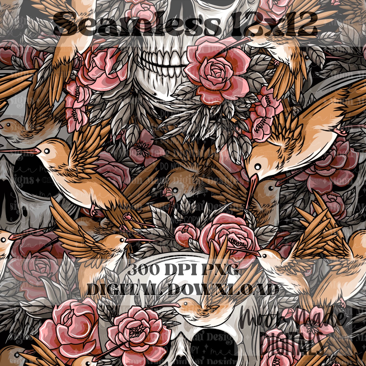 Humming bird and Skull pink Seamless