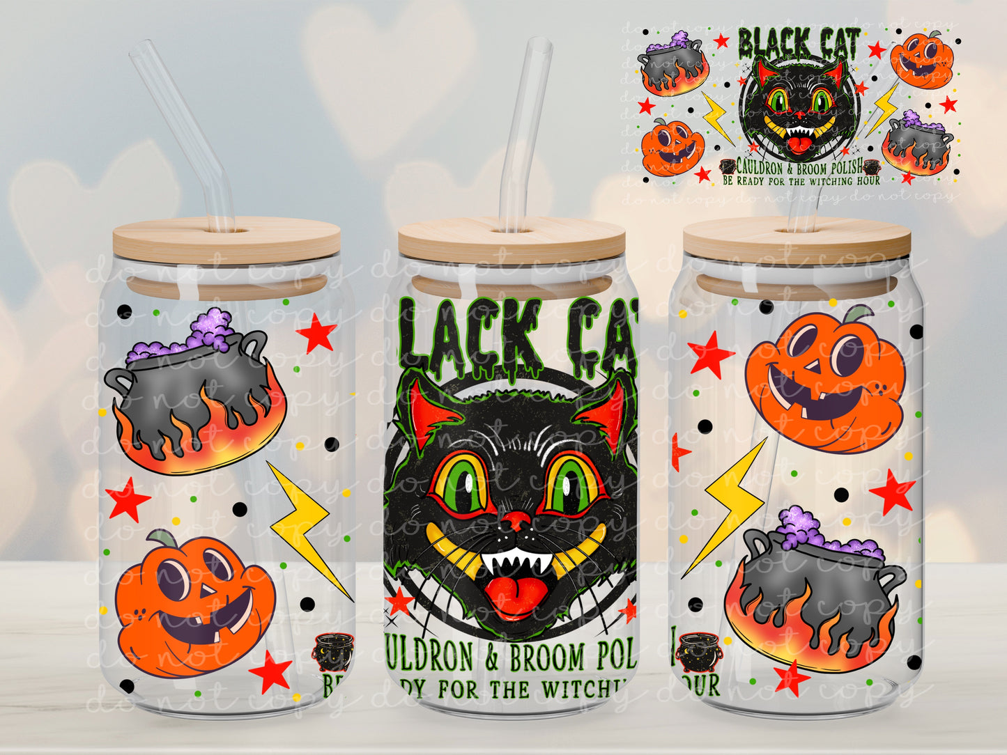 Black Cat Cauldron 16oz Glass Wrap