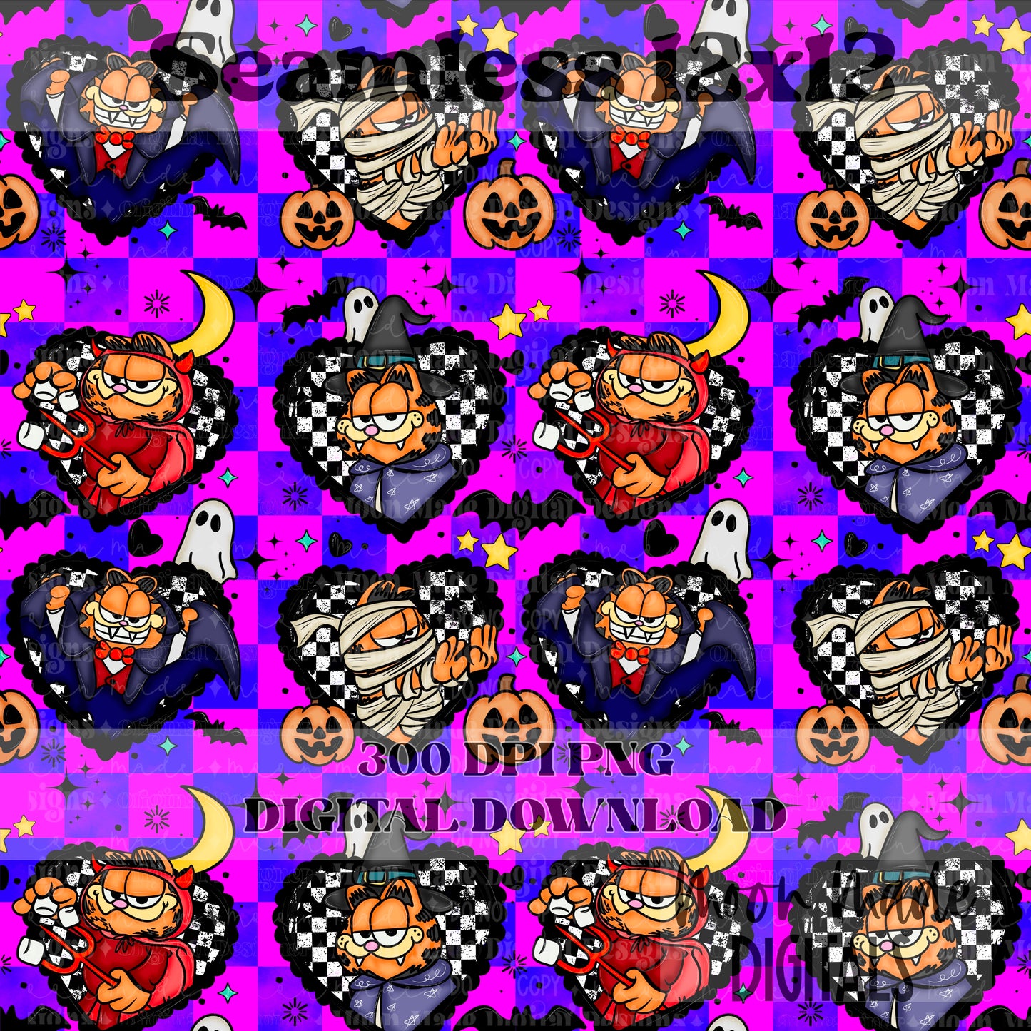 Garfield Halloween Purple Checkered Seamless