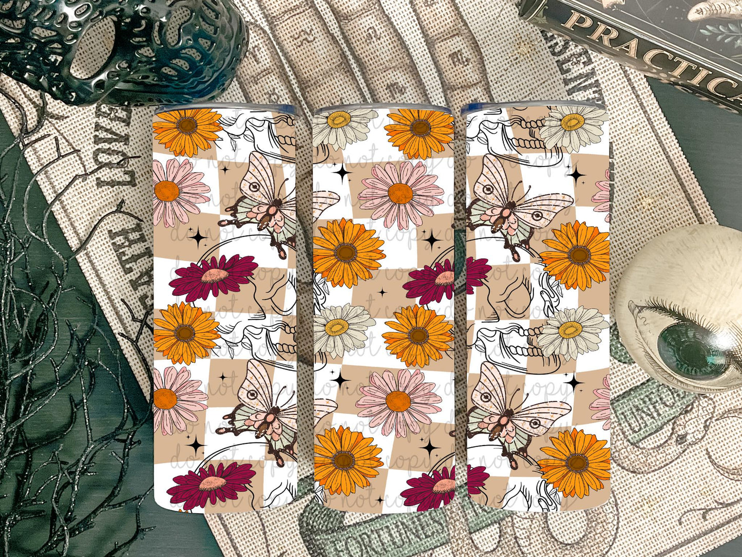 Tan Checkered Skull Floral Seamless